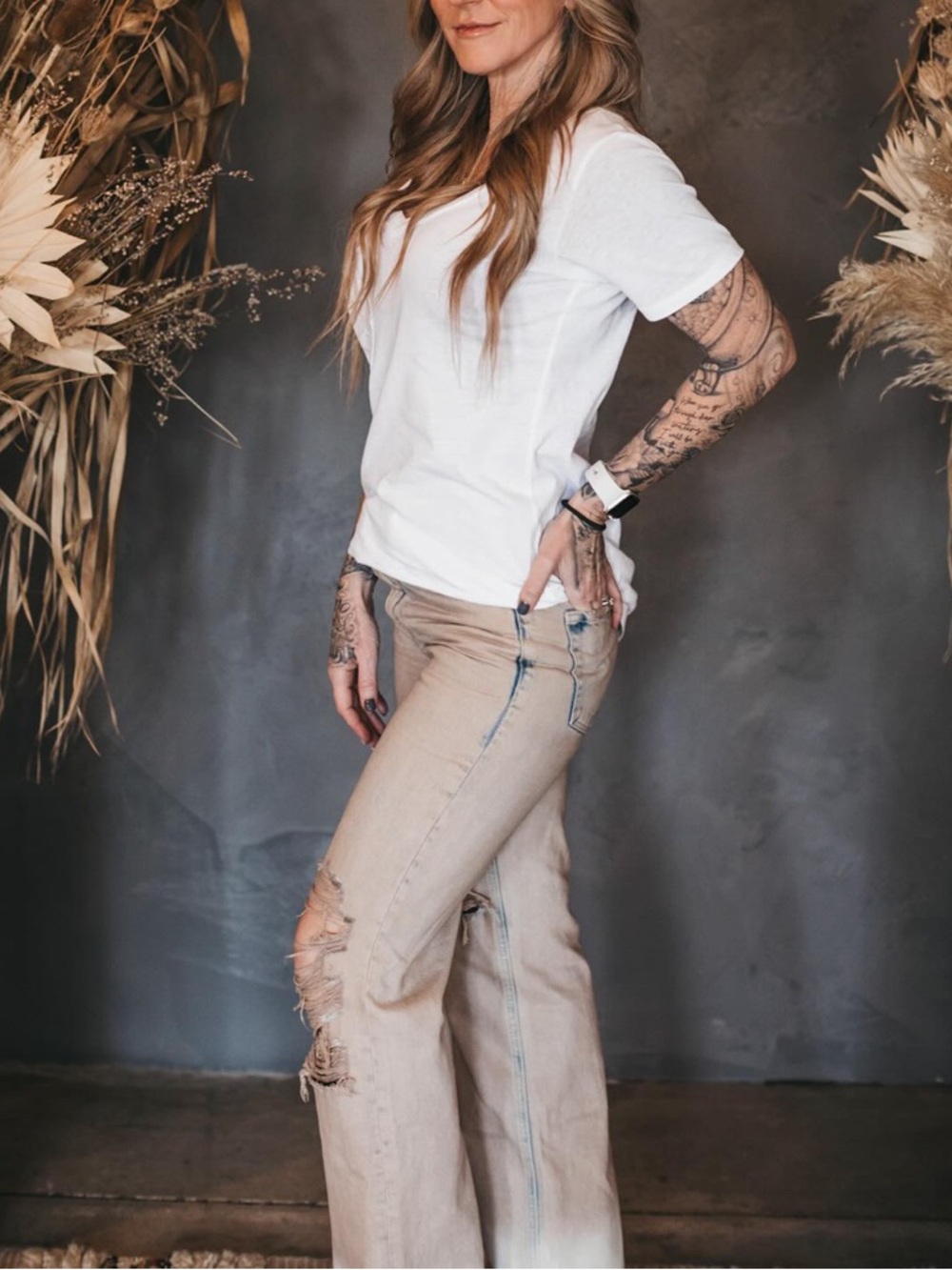 VERVET BY FLYING MONKEY Distressed Beige Wide-Leg Jeans- WORN ONCE in this photo